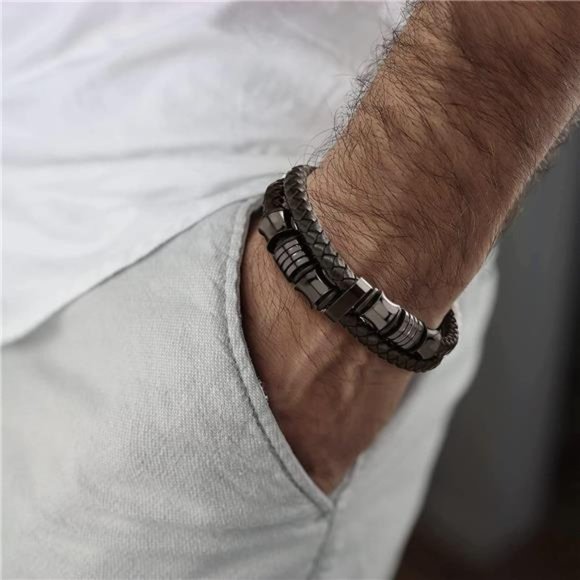 Mens Double-Row Braided Leather Bracelet Bangle Wristband Stainless Steel - Picture 6 of 6